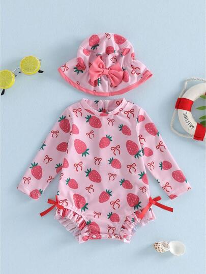 Baby Girl Rash Guard Swimsuit Long Sleeve Fruit Print Bathing Suit Infant Swimwear With Sun Hat