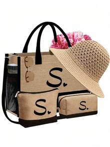 Bộ 4 túi đi biển, thiết kế in hình trái tim độc đáo với các chữ cái từ A đến Z. Mũ chống nắng khoét lỗ mùa xuân hè, mũ xô kiểu Bohemian và mũ len thoáng khí vành rộng kiểu ngư dân. - Nhiều màu - Xem 13