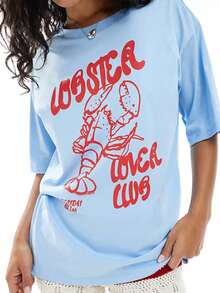 龙虾爱好者俱乐部，女士夏季，女士沙滩，女士休闲宽松圆领短袖T恤 白色 - 白色 - 查看 2