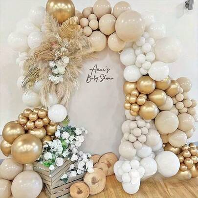 139Pcs White Sand Beach Gold Balloon Arch Set Beige, Nude, White, Metallic Chrome Gold Latex Balloons Ideal For Valentine's Day, Weddings, Bridal Gifts, Engagement Parties, Birthday Decorations, Baby Showers