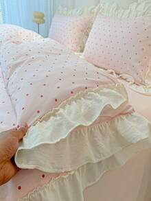 Queen Comforter Cover Set White/ Pink Dot Bed Set, 3 Pieces Cute Pink Bedding, 1 Soft Ruffles Comforter Cover And 2 Pillow Shams - Baby Pink - View 7