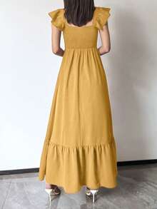 女士春夏连衣裙，红色，时尚休闲，纯色，简约舒适，无肩带设计，优雅短袖连衣裙 - 芥末黃 - 查看 6