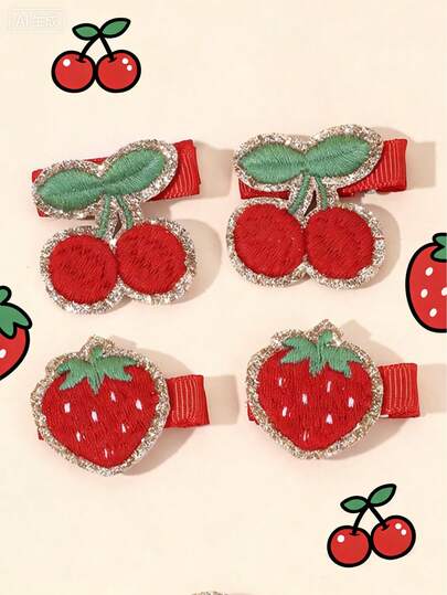 4PCS Red Cherry&Strawberry Hair Clips For Girls Shiny Solid Color Alligator Clips Cute Sweet Style For Vacation And Festivals Casual Daily Wear Hairpins Teens Hair Accerssories