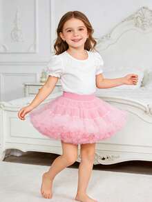 1pc Girls Cute Elegant Sweet Layered Tulle Tutu Skirt, Suitable For Ballet, Party, Birthday, Holiday, Banquet, All Seasons - Baby Pink - View 1
