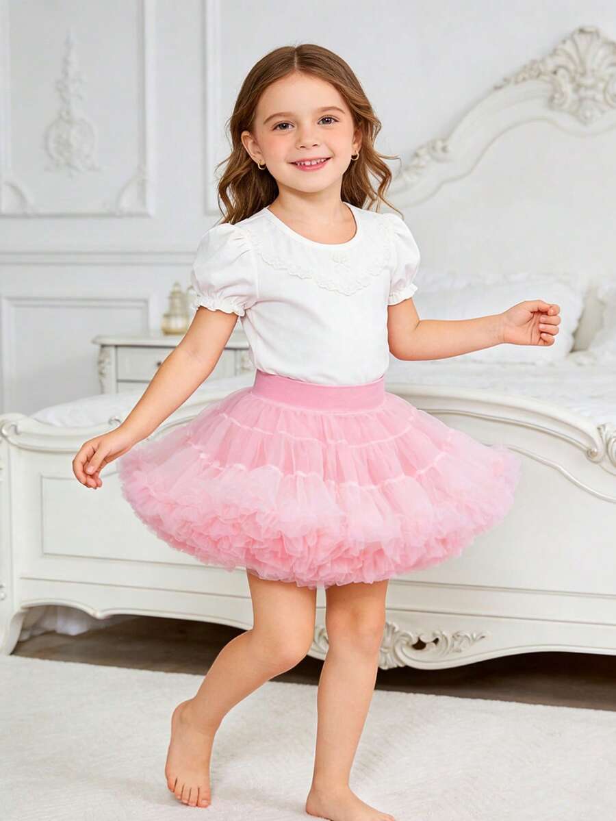 1pc Girls Cute Elegant Sweet Layered Tulle Tutu Skirt, Suitable For Ballet, Party, Birthday, Holiday, Banquet, All Seasons - Baby Pink - View 1