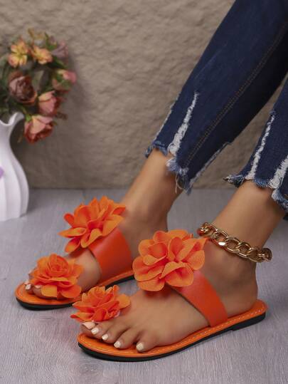 Women's Fashion Flat Sandals, Random Floral Print, Fashionable PU Leather Applique, Suitable For Holidays
