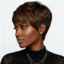 Beaushine Peluca corta de duende, cabello humano, peluca corta de duende con flequillo, peluca corta natural sin pegamento, peluca corta de duende con capas rectas sin encaje - marrón chocolate - S4 - Ver 3