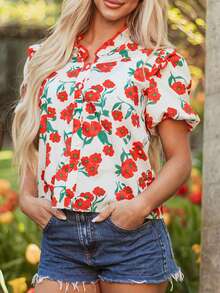 Acelitt 花卉印花荷叶边泡泡袖优雅夏季衬衫 - 彩色 - 查看 3