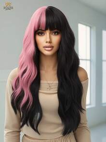 XOUJE Tóc giả dài 26 inch màu đen, gợn sóng, điểm xuyết màu hồng, làm từ sợi tổng hợp chịu nhiệt, có mái. Thiết kế nhẹ, mềm mại và bồng bềnh. Phù hợp cho nữ giới. Thời trang cho mặc hàng ngày, các buổi họp mặt ngày lễ, hẹn hò, tiệc tùng sang trọng, Halloween, Giáng sinh, Cosplay, phong cách Lolita. - Màu hồng nổi bật - Xem 2