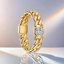 Golden Cuban Chain Ring Zirconia Shining Original Finger Engagement Ring Wedding Ring For Women Fine Jewelry Valentine's Day Gift - Silver - View 2