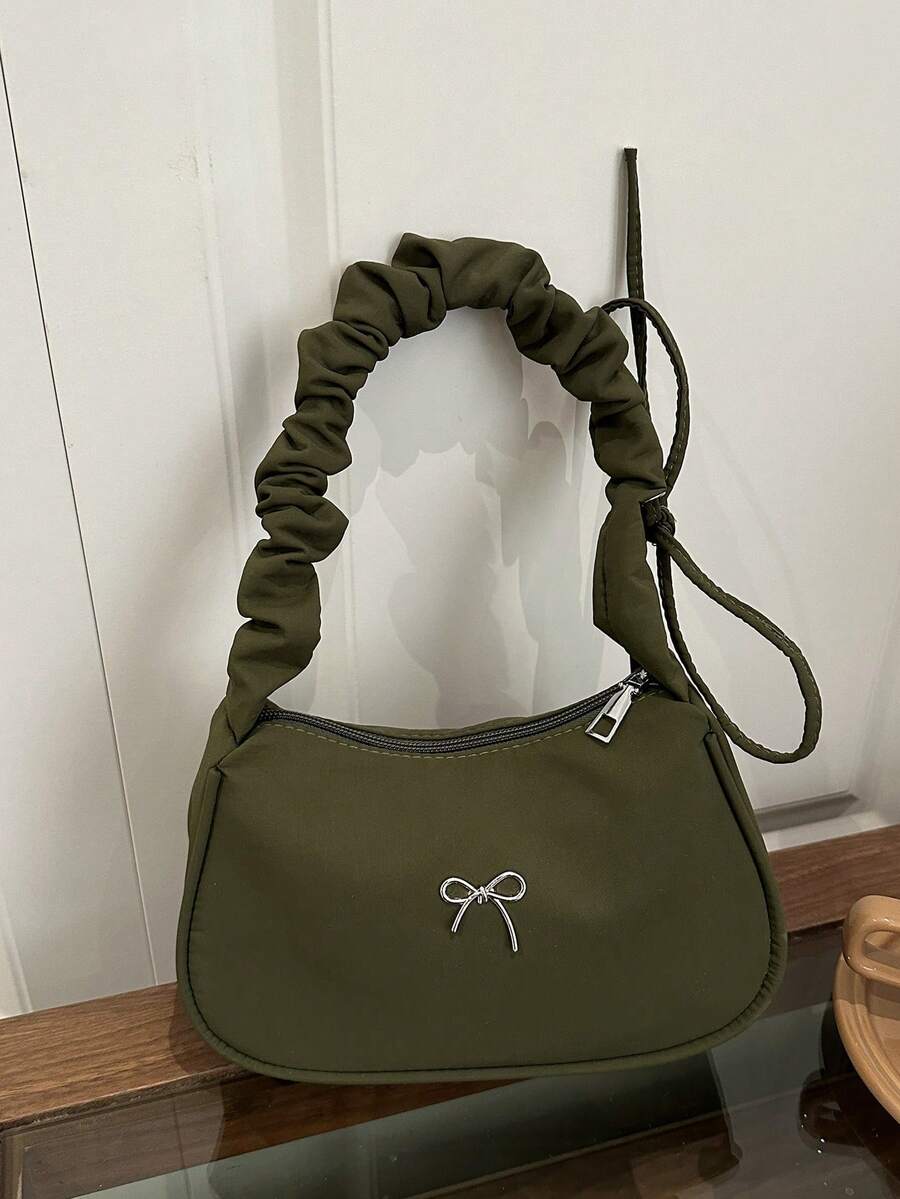 1pc Green Nylon Fabric Smooth Zipper Bow Decor Drawstring Strap Design Fashion Versatile Casual Solid Color Minimalist Unique Shoulder Bag, Suitable For Women's Daily Use - Green - View 1