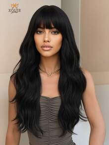 26英寸自然黑色长波浪卷耐热合成纤维假发，带刘海，轻盈柔软蓬松，适合女性时尚、日常佩戴、节日聚会、约会、优雅派对、万圣节、圣诞节、角色扮演、洛丽塔风格等场合。 - 黑色 - 查看 3