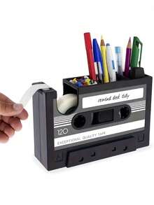 复古磁带笔筒 - 复古磁性办公用品收纳盒，PE材质，黑色，附赠彩色文具，办公收纳 | 趣味收纳 | 复古美学，磁带