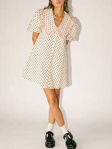 Women's Polka Dot Dress Ruffled Collar Short Puff Sleeve Button Front A-Line Mini Dress For Retro Casual Outfits - 杏色 - 查看 3