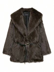 女士冬季仿皮草外套，棕色保暖蓬松夹克，时尚翻领长袖人造皮草外套，女士腰带休闲宽松外套 - 棕色 - 查看 11