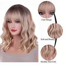 D14 Inches Blonde Wig For Women Girls Ash Blonde Wig Short Curly Wig Synthetic Wig With Bangs Ombre Blonde Wig For Daily Cosplay Party - BlondeOmbre - View 2