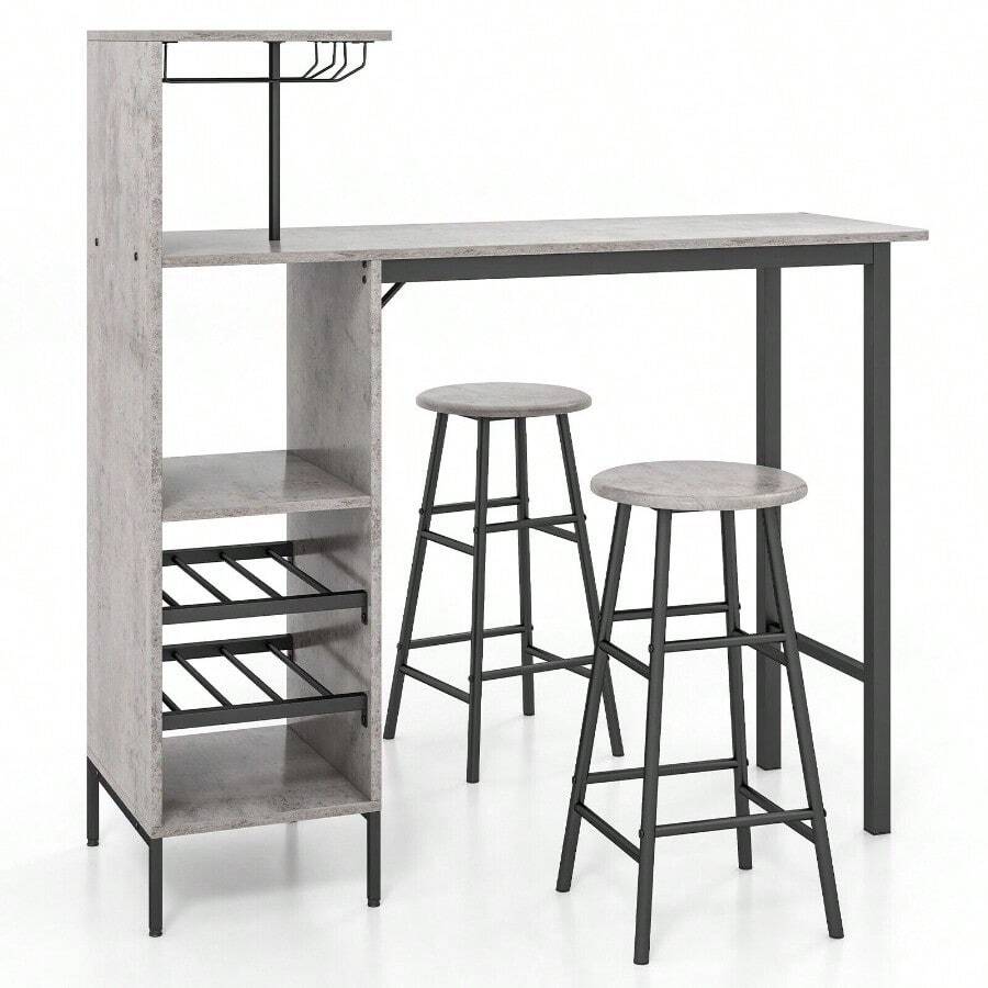 GOFLAME 3PCS Bar Table & 2 Stool Industrial Kitchen Dining Set W/ Wine Rack Glass Holder - Grey - View 1