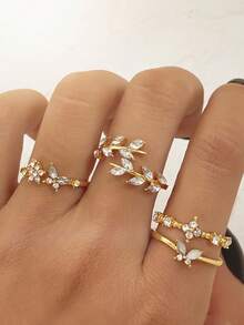 4枚蝴蝶麦穗流苏钻石开口戒指，适合女士日常及节日佩戴，情人节、母亲节最佳礼物。 - 金黃色 - 查看 7