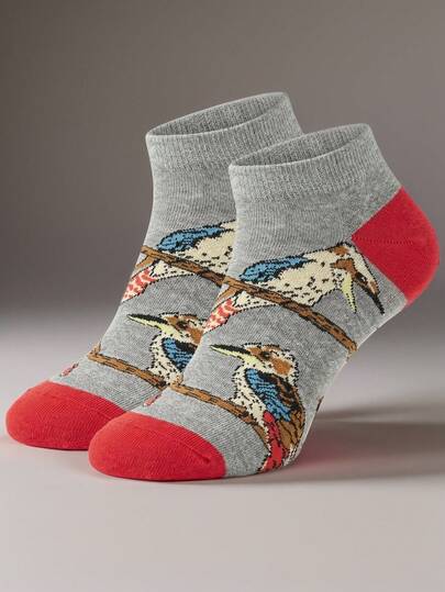 一双男女通用鸟类图案船袜 - 灰色和红色设计，饰有栖息鸟类印花，舒适日常袜，是自然和鸟类爱好者的理想礼物，四季皆宜的时尚休闲袜