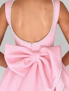 女士短款连衣裙，后背饰有蝴蝶结和珍珠，粉色，适合夏季派对，优雅时尚。 - 粉色 - 查看 5