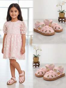 1 Pair Girls Pink Shiny Faux Pearl & Flower Decor Open Toe Strap Soft Bottom Non-Slip Fashion Cute Roman Beach Sandals, Suitable For 3-15 Years Old Girls Daily Casual, Beach, School, Holiday Wear, Spring/Summer 2026 - Pink - View 1