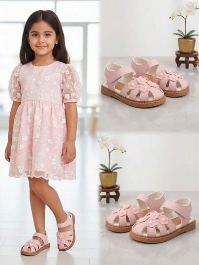 1 Pair Girls Pink Shiny Faux Pearl & Flower Decor Open Toe Strap Soft Bottom Non-Slip Fashion Cute Roman Beach Sandals, Suitable For 3-15 Years Old Girls Daily Casual, Beach, School, Holiday Wear, Spring/Summer 2026