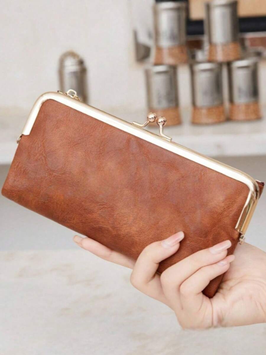 Retro Bifold Zipper Kissing Lock Wallet, Women's Wallet With Card Slots And ID Window, Minimalist PU Leather Long Wallet, Suitable For Women, Daily Use, Girls, Brown - Brown - View 1