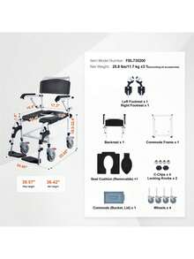 Shower Commode Wheelchair With 4 Lockable Wheels, Footrests, Flip-Up Arms, 3-Level Adjustable Height, 5L Removable Bucket, 350 LBS Capacity, Commode Chair For Adults Seniors - Black and White - View 7