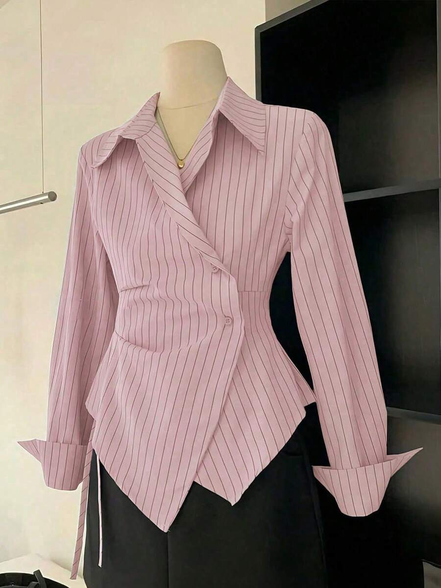 Women's Casual Commuter Striped Wrap Shirt - Pink - View 1