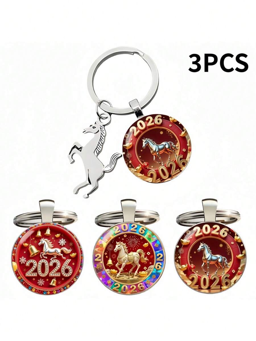 3pcs 2026 Year Of The Horse Metal Keychain - Glass Round Number Tag Scratch-Resistant Car Key Chain Backpack Keyring, Housewarming New Year Animal Sign Gift