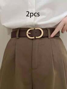 2pcs Simple & Fashionable Women's Belts, Suitable For Everyday Wear - Coffee Brown - View 4