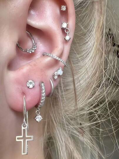 9pcs Cubic Zirconia Hollow Cross Earrings Set, Suitable For Women's Daily Dates, Music Festivals, Layering Accessories