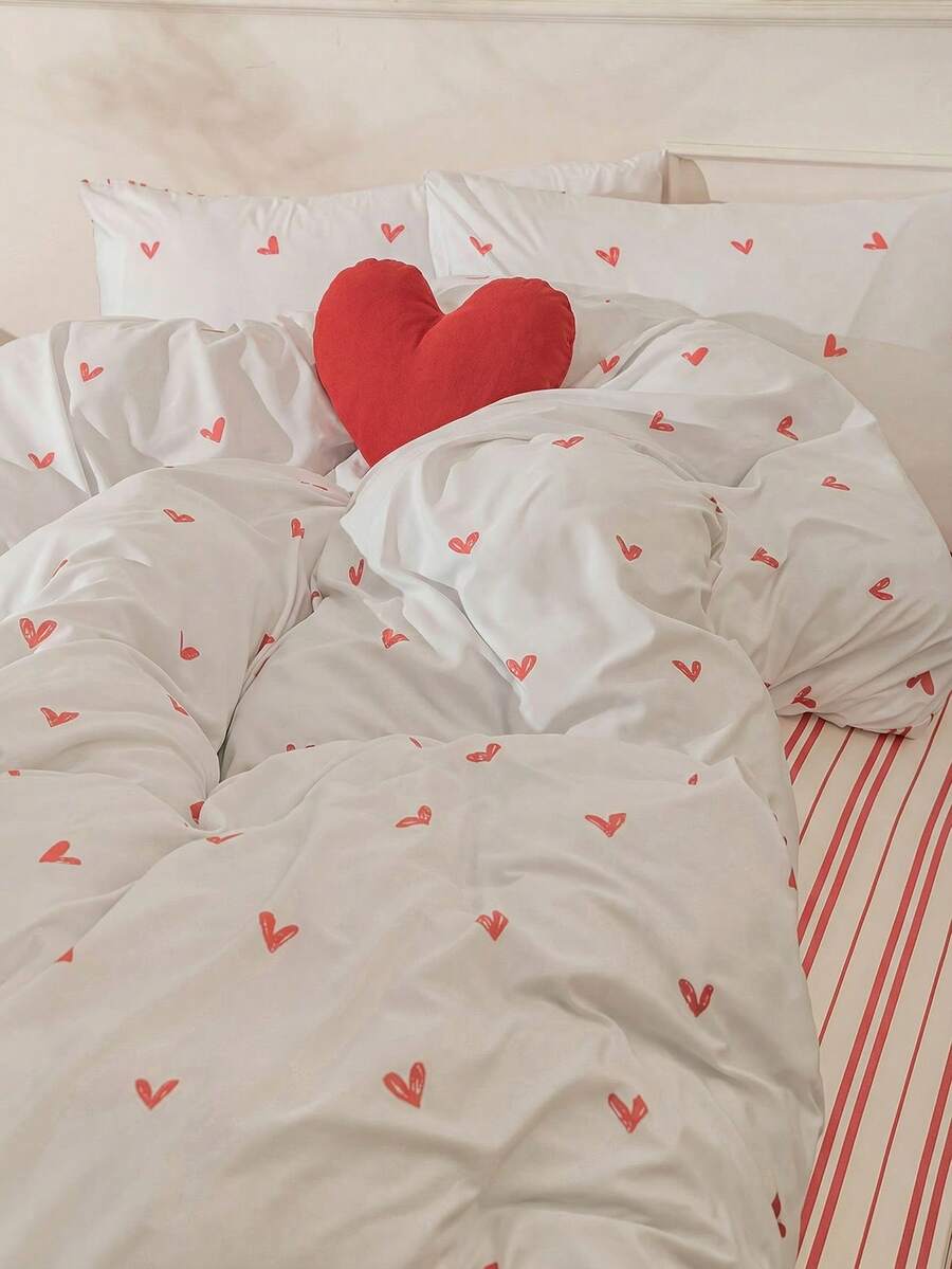 2/3-Piece Heart Pink Stripe Duvet Cover And Pillowcase Set - Reversible Design (Hearts On The Front, Stripes On The Back), Sweet And Cute Princess Style, Suitable For Valentine's Day Decoration, With Zipper Closure, Wrinkle-Resistant And Easy To Care For, Available In Twin / Queen / King Sizes. - Baby Pink - View 1