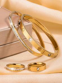 4pcs Stainless Steel Clover Bangle & Ring Set, Gold-Tone With Shiny Rhinestones, Suitable For Women's Daily, Party, Outdoor, Dating, Music Festival, Great Gift For Girlfriend, Mom, Sister, Wife - 4-piece Four-leaf Clover Set - View 19