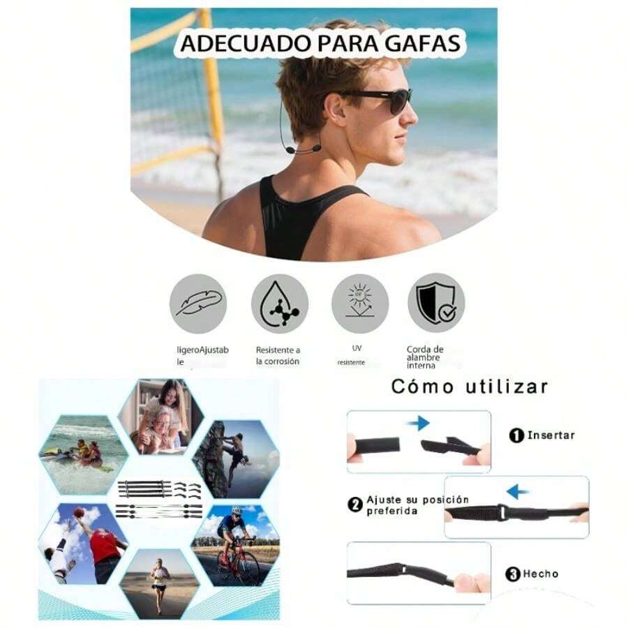 Accesorios para anteojos sin pegamento: 8 retenedores y 6 correas ajustables de silicona antideslizante para patillas, suaves y cmodos para hombres y mujeres. - inicial - Ver 1