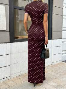 Damen Kaffeefarbe Polka Punkt Kurzarm Rundhals Fischschwanz Saum Kleid, Kaffeefarbe Basis Weiß Polka Punkt Kleid, figurbetontes Lässig Kleid, elegant und vielseitig, geeignet für den täglichen Gebrauch, Pendeln, Party, Bankett, Frühlings- und Sommertragen, auch geeignet für Pendeln, Date, Party, Abschlussfeier, Aufführung, Arbeit, Jahrestag, Geburtstag und andere Anlässe, eine ideale Wahl für Damen Lässig Kleid. - Braun - Übersicht 8
