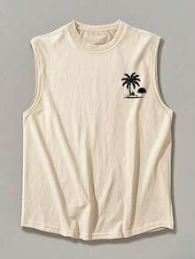 1件男士夏季休闲椰树太阳印花圆领背心 - 杏色 - 查看 3