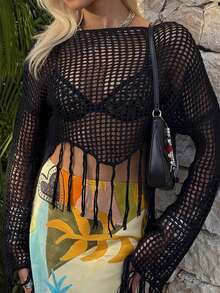 Live To Mo Women Summer Sexy Hollow-Out Sheer Crop Top, Black Knit Top Crochet Cover-Up, Perfect For Beach Vacation & Poolside Outfits - Black - View 1