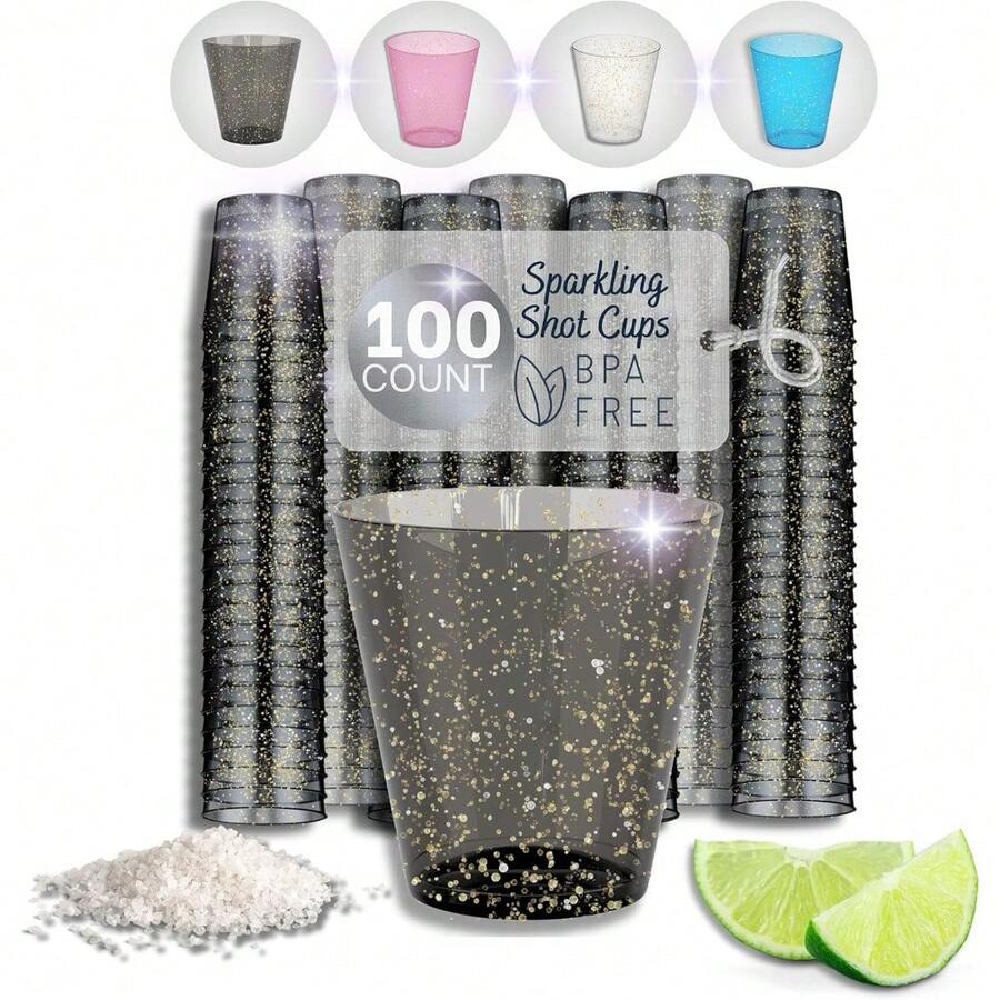100 COUNT - BLACK SPARKLE SHOT GLASSES | Disposable Plastic Drink Party Cups | Neon Shiny Color Party Jello Shooters - 1 - Xem 1