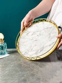 小号圆形大理石纹金色金属托盘，家居装饰收纳整理配件最佳礼物生日盘子厨房配件厨房装饰餐桌托盘水果托盘托盘装饰 - 彩色 - 查看 3
