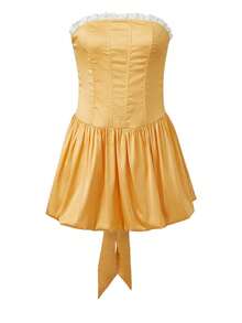 Women Mini Bandeau Dress Off Shoulder Strapless Ruffle Trim Back Bandage Ball Gown - Yellow - View 1