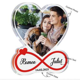 1 st hjärtformad design anpassad foto/text/datum akryl skrivbordsprydnad hantverksdekoration, "Romeo Juliet", personlig skrivbordsdekoration för fru make älskare, present till alla hjärtans dag, bröllop, årsdagar, resor