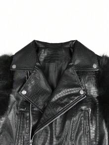 Women's Fashion Faux Fur Crocodile Print Jacket Collar Design Waist Belt Detail Zipper Closure - Black G0772 - View 8