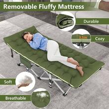 Folding Camping Cot Adults, Heavy Duty 1200D Oxford Camping Bed With 3.5in Thick Mattress, 500lbs Load, Portable Foldable Outdoor Cot Camping, Travel, Home Guest, Office Nap - 特大號 + 綠色 - 查看 4