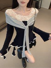 撞色条纹蕾丝拼接Y2K风格二合一长袖T恤，露肩设计，简约风格，春季款 - 藏蓝色 - 查看 1