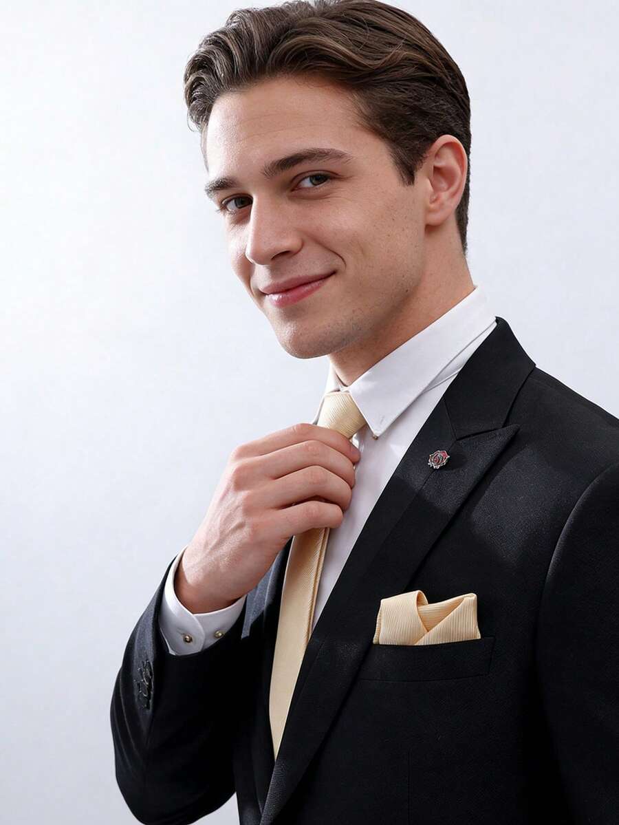 1 Set Of Men's Tie Set, Business Striped Tie+Handkerchief Set, Fashionable And Versatile, Suitable For Weddings, Parties, Groom's Tie Set, Celebrations, All Seasons - A - View 1