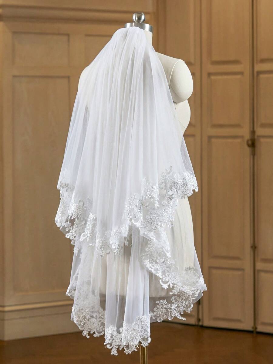 1pc White Lace Short Elegant Double Layer Bridal Veil - White - View 1