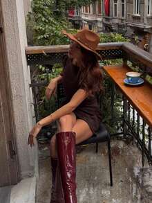 短款泡泡袖晚礼服，女士高腰圆领A字黑色优雅夏季长裙 - 摩卡棕 - 查看 5