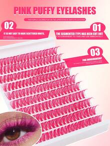 200片品红色分段式蓬松假睫毛，40D轻盈卷翘手工仿貂毛柔软浓密舞台妆角色扮演假睫毛 - 珊瑚粉 - 查看 3