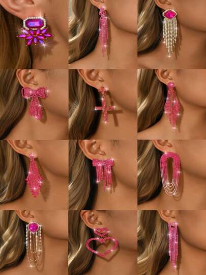 精美水晶水钻耳钉，女士款，1对玫瑰红流苏耳环，适合日常佩戴和节日派对（多种款式可选）